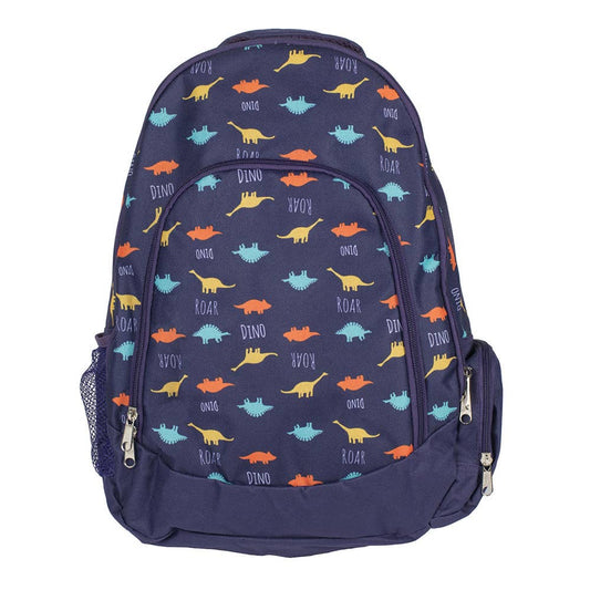 Navy blue backpack with colorful dinosaur pattern on a white background