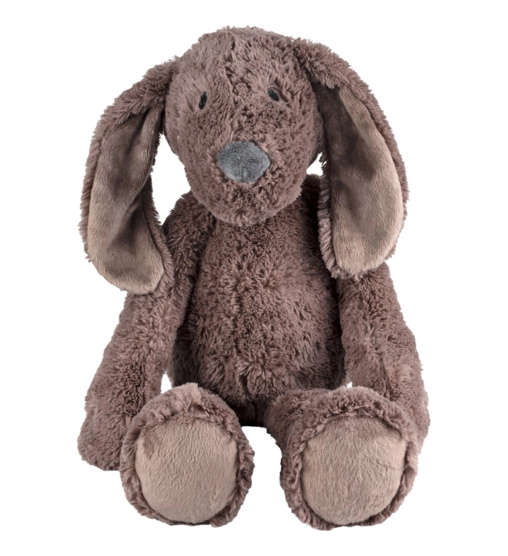 Brown plush dog toy with long ears on a white background