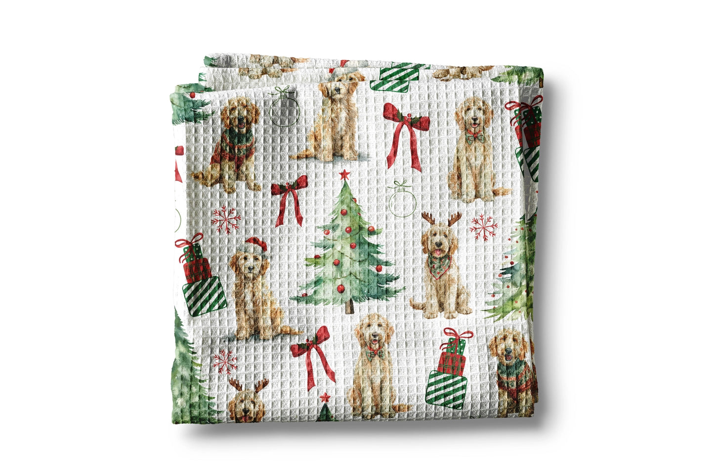 Waffle texturized fabric with Christmas-themed dog pattern on a white background