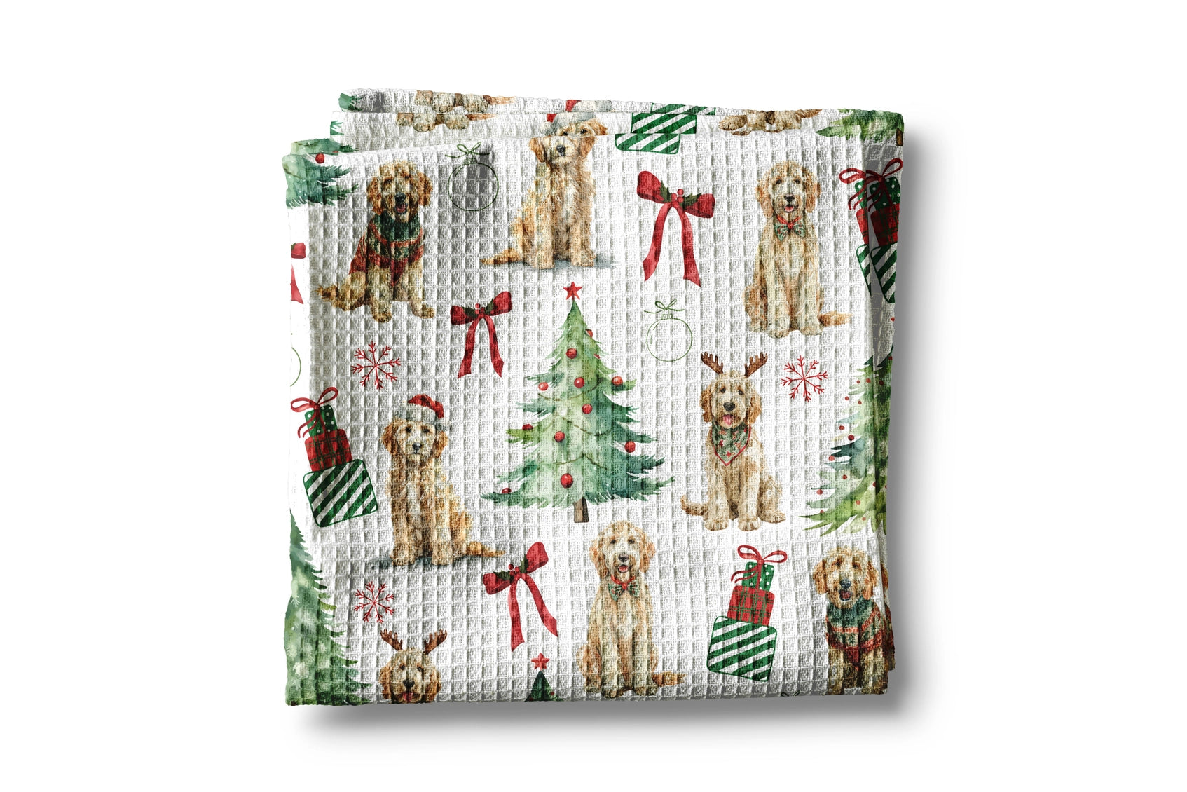 Waffle texturized fabric with Christmas-themed dog pattern on a white background