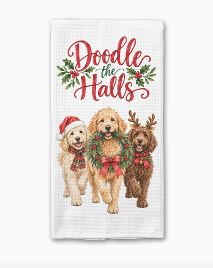 Doodle the Halls Christmas Dog Waffle Weave Kitchen Towel