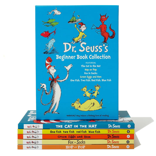 Dr. Seuss's Beginner Book Collection with colorful covers and character illustrations on a white background.