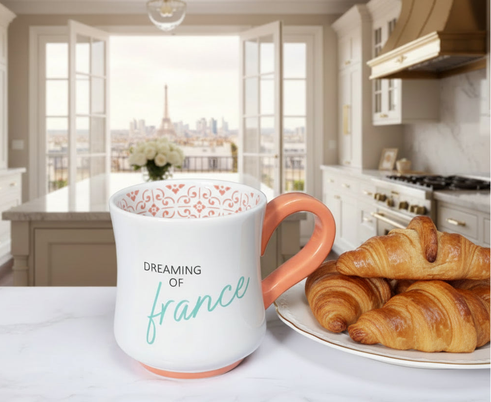 White mug with orange interior and handle, featuring 'Dreaming of France' text, on a table with pastries and a teapot.