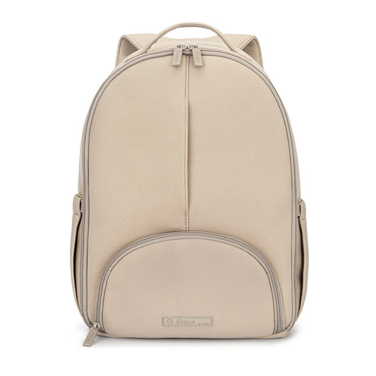 A light beige backpack with a front zippered pocket and top handle, shown against a plain white background.
