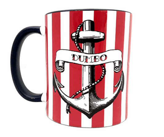 Mug with red and white striped pattern and anchor design featuring 'Dumbo'.