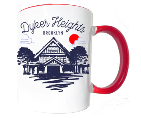 Mug with 'Dyker Heights, Brooklyn' design featuring a house and red handle on a white background