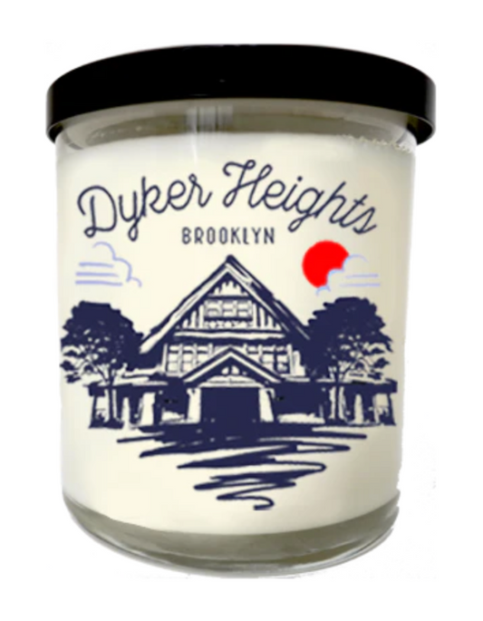 Candle jar with 'Dyker Heights, Brooklyn' text and house illustration on a white background