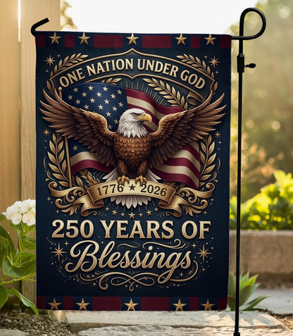 Decorative flag with eagle and American flag design, celebrating 250 years of blessings.