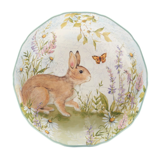 Decorative plate with a rabbit and butterfly design on a white background