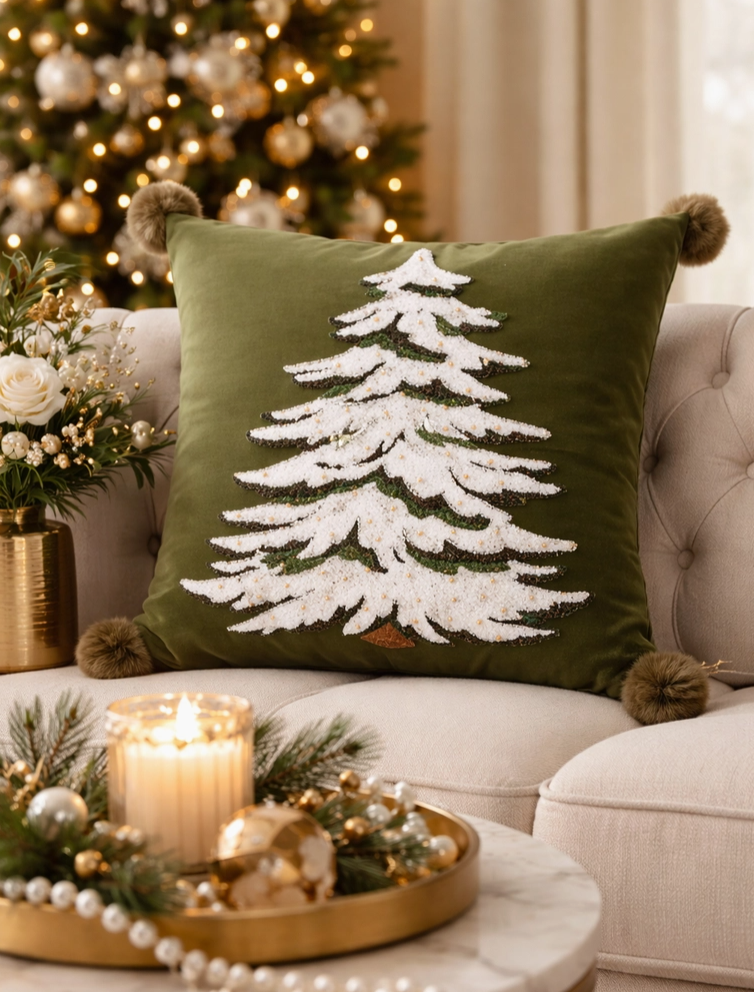 Green 18-inch Christmas throw pillow with embroidered snowy white Christmas tree and pom poms at each corner styled on an accent chair.