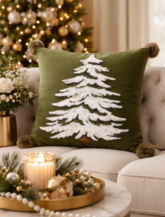 Green 18-inch Christmas throw pillow with embroidered snowy white Christmas tree and pom poms at each corner styled on an accent chair.