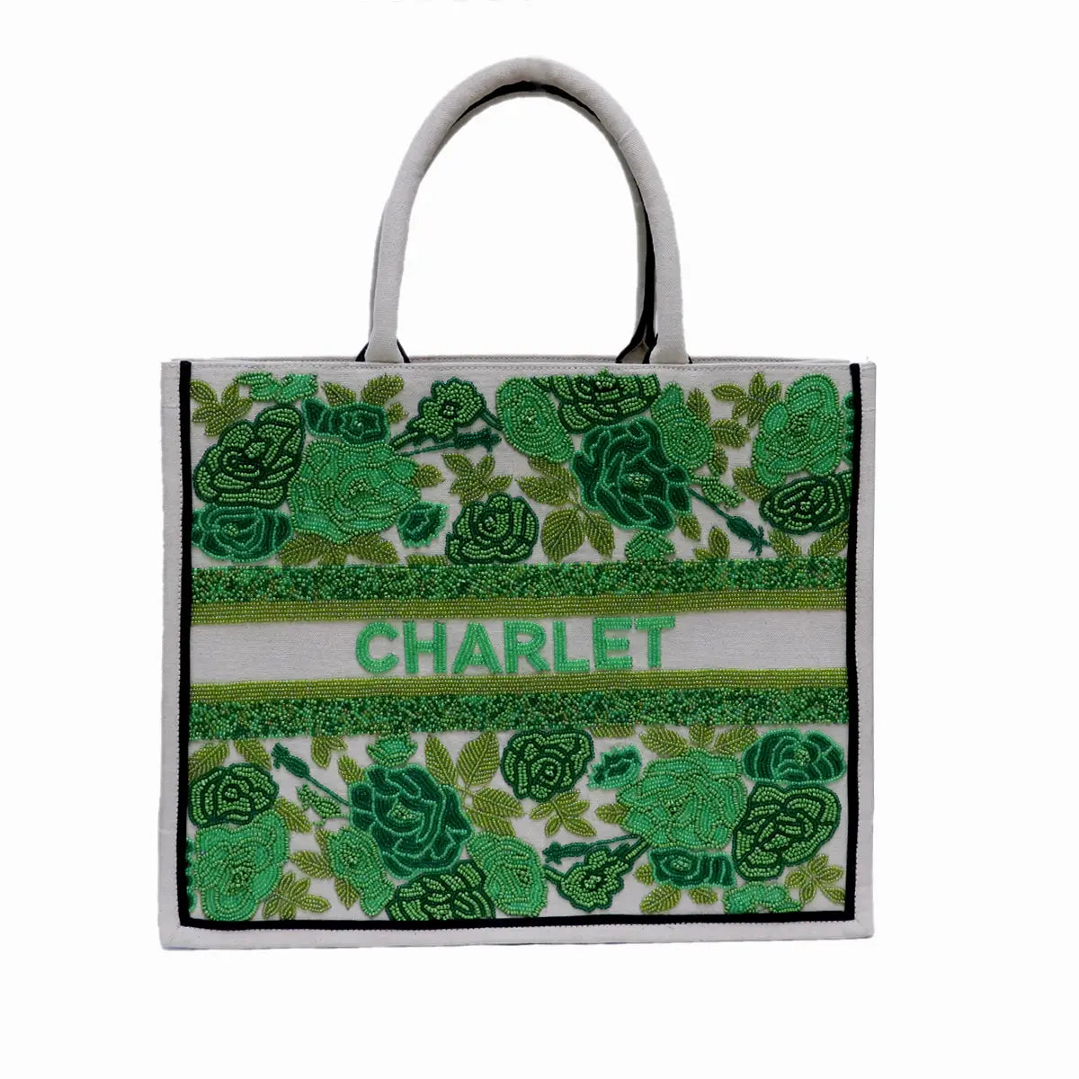 Emerald Roses Beaded Tote Bag