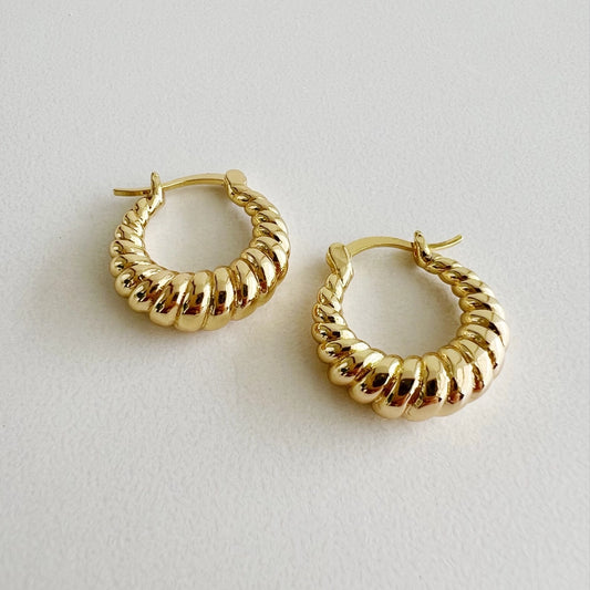 Pair of gold hoop earrings on a light gray background