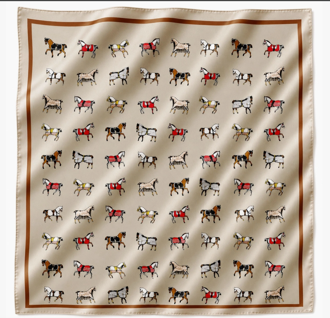 Cream equestrian horse print satin square scarf with colorful horses and brown border