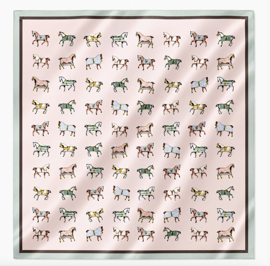 Noble Blush equestrian horse print satin square scarf with pastel horses and dark border