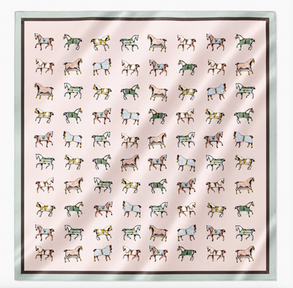 Noble Blush equestrian horse print satin square scarf with pastel horses and dark border