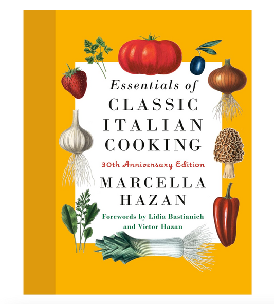 Book cover of 'Essentials of Classic Italian Cooking' with illustrations of vegetables on a yellow background