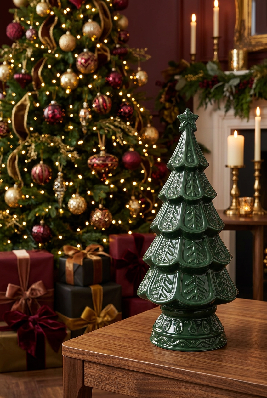 Glossy dark evergreen green Christmas tree figurine featuring sculpted tiered branches, raised decorative patterns, star topper and matching pedestal base, approximately 12.4 inches tall.