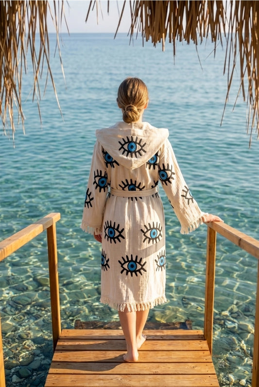 Evil Eye Hooded Turkish Cotton Kimono Robe