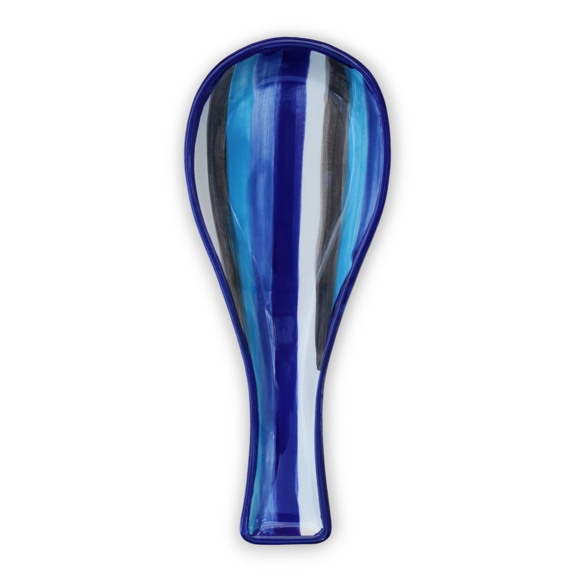 A blue glass spoon rest with a vertical striped pattern in shades of blue, white, and dark blue, shown on a plain white background.