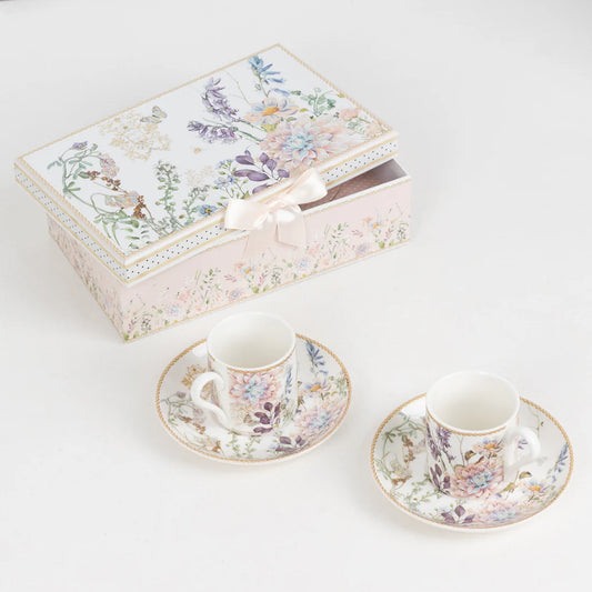 Blush Floral 2 Pk Porcelain Espresso Cups and Saucers & Gift Box