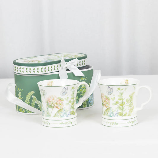 Greenery 2 Pk Porcelain Tea Cups & Gift Box