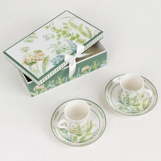Greenery 2 Pk Porcelain Espresso Cups and Saucers & Gift Box
