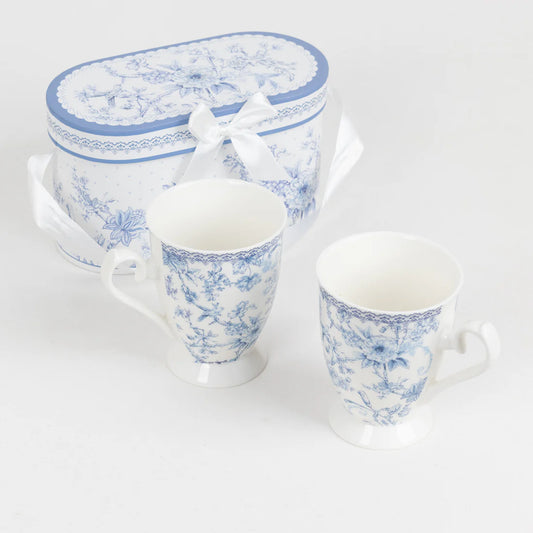 White Blue Chinoiserie 2 Pk Porcelain Tea Cups & Gift Box