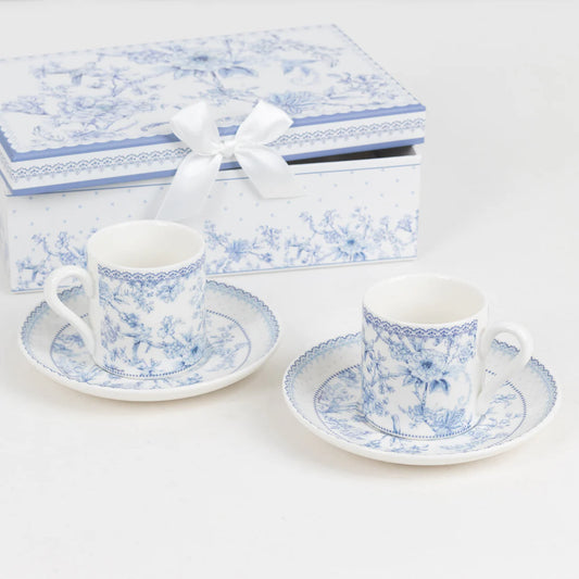 White Blue Chinoiserie 2 Pk Porcelain Espresso Cups and Saucers & Gift Box
