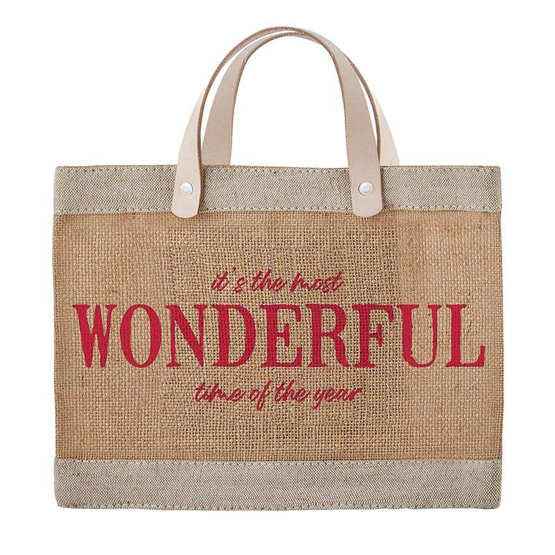 Jute bag with red text 'it's the most Wonderful time of the year' on a white background