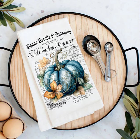 Fall Autumn French Blue Pumpkin Flour Sack Tea Towel