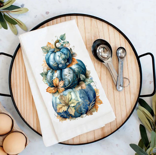 Fall Autumn Stacked Blue Pumpkins Flour Sack Tea Towel