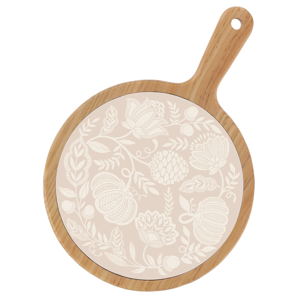 Round cutting board with floral pattern and wooden handle on a white background