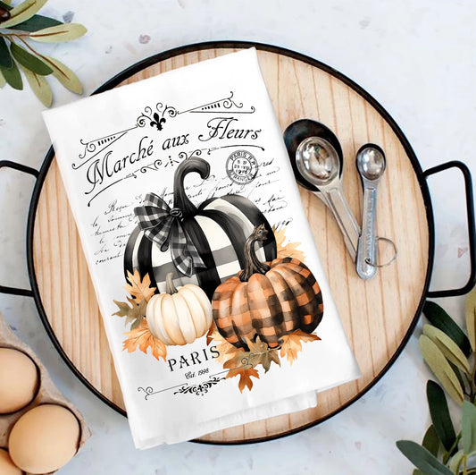 Fall French Black White Checkered Pumpkins Flour Sack Tea Towel