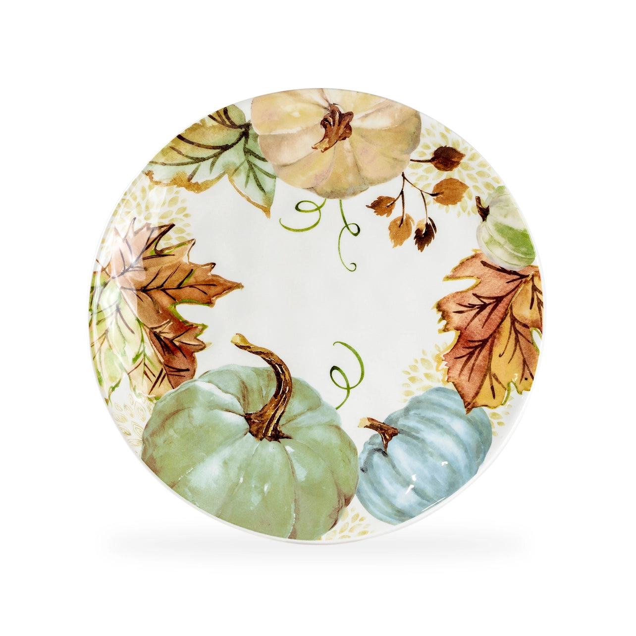 Decorative plate with autumnal design featuring pumpkins and leaves on a white background