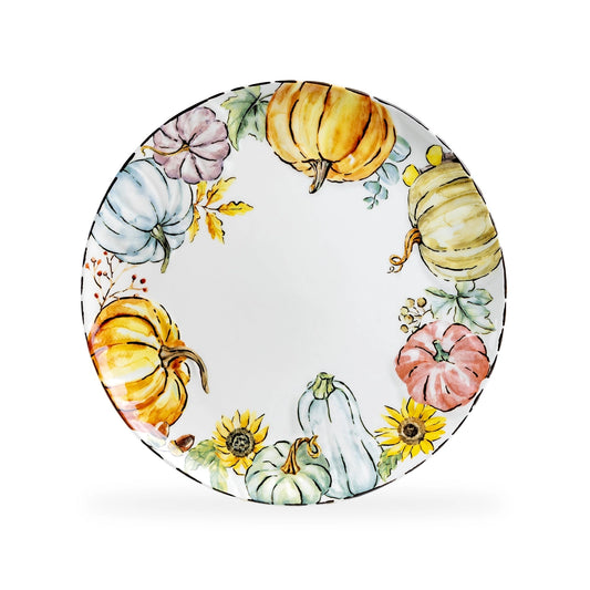 Decorative plate with colorful pumpkins and sunflowers on a white background