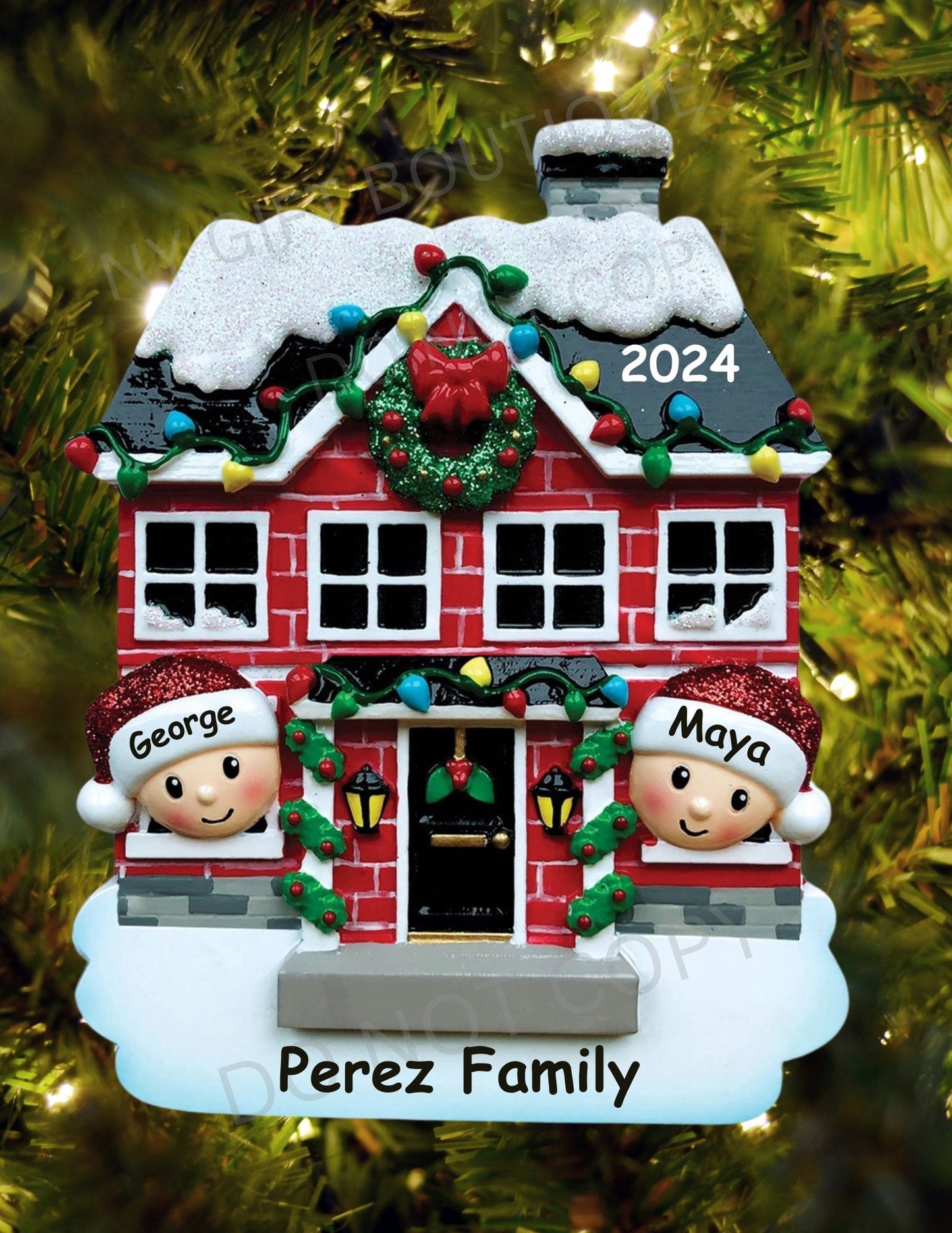 Family Peeking Out of House Personalized Ornament