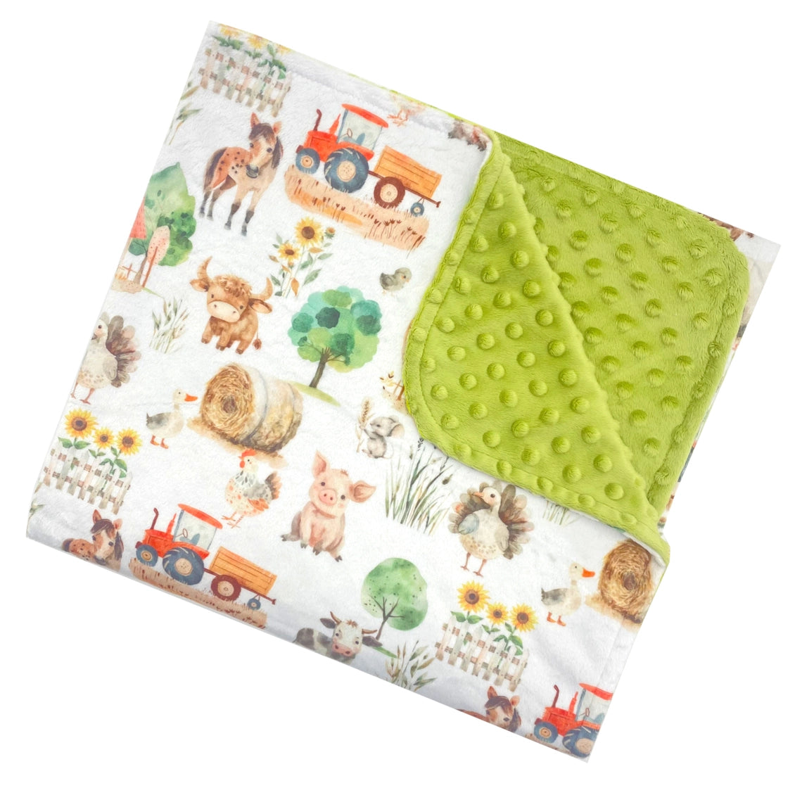 Baby blanket with farm animal pattern and green minky dot texture