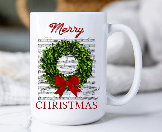 Farmhouse Christmas Boxwood Wreath Coffee Mugs