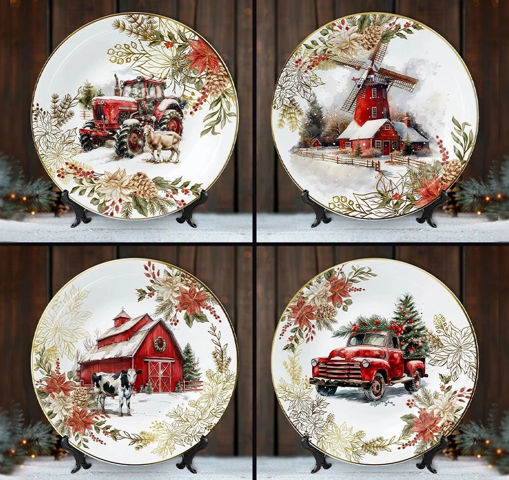 Farmhouse Christmas Set of 4 Plates with Real Gold Elements