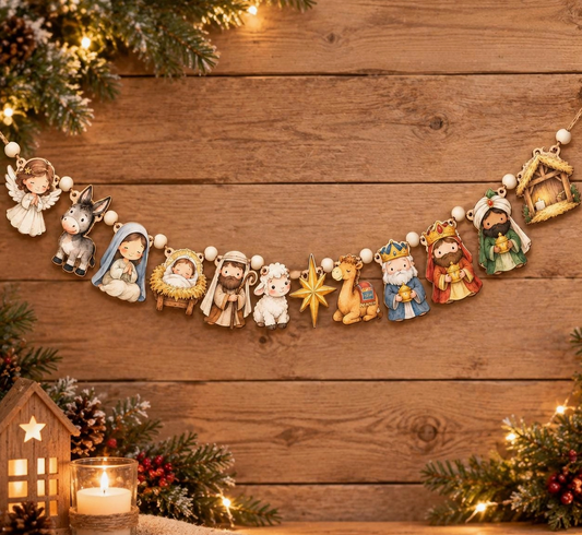 Farmhouse Nativity Wooden Christmas Garland – Holy Family