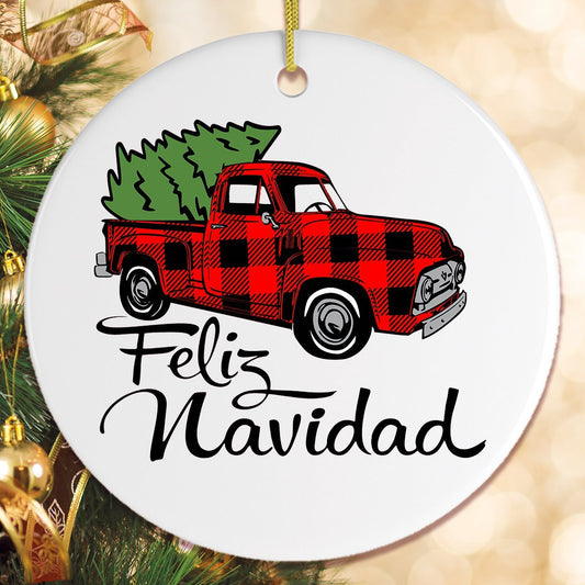 Feliz Navidad Red Truck Ceramic Ornament