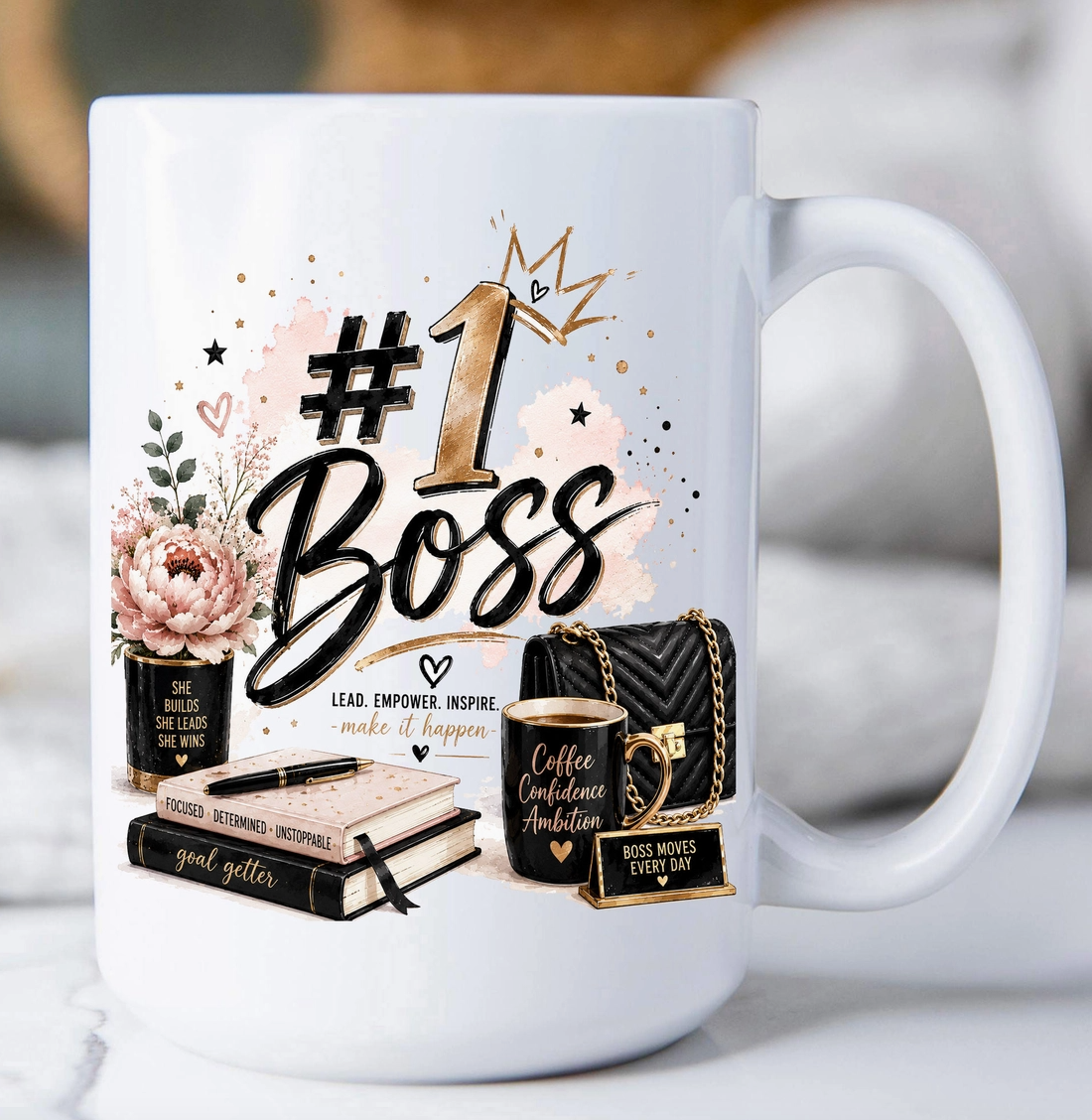 #1 Boss 15 oz white ceramic coffee mug for women with black, blush and gold female boss design
