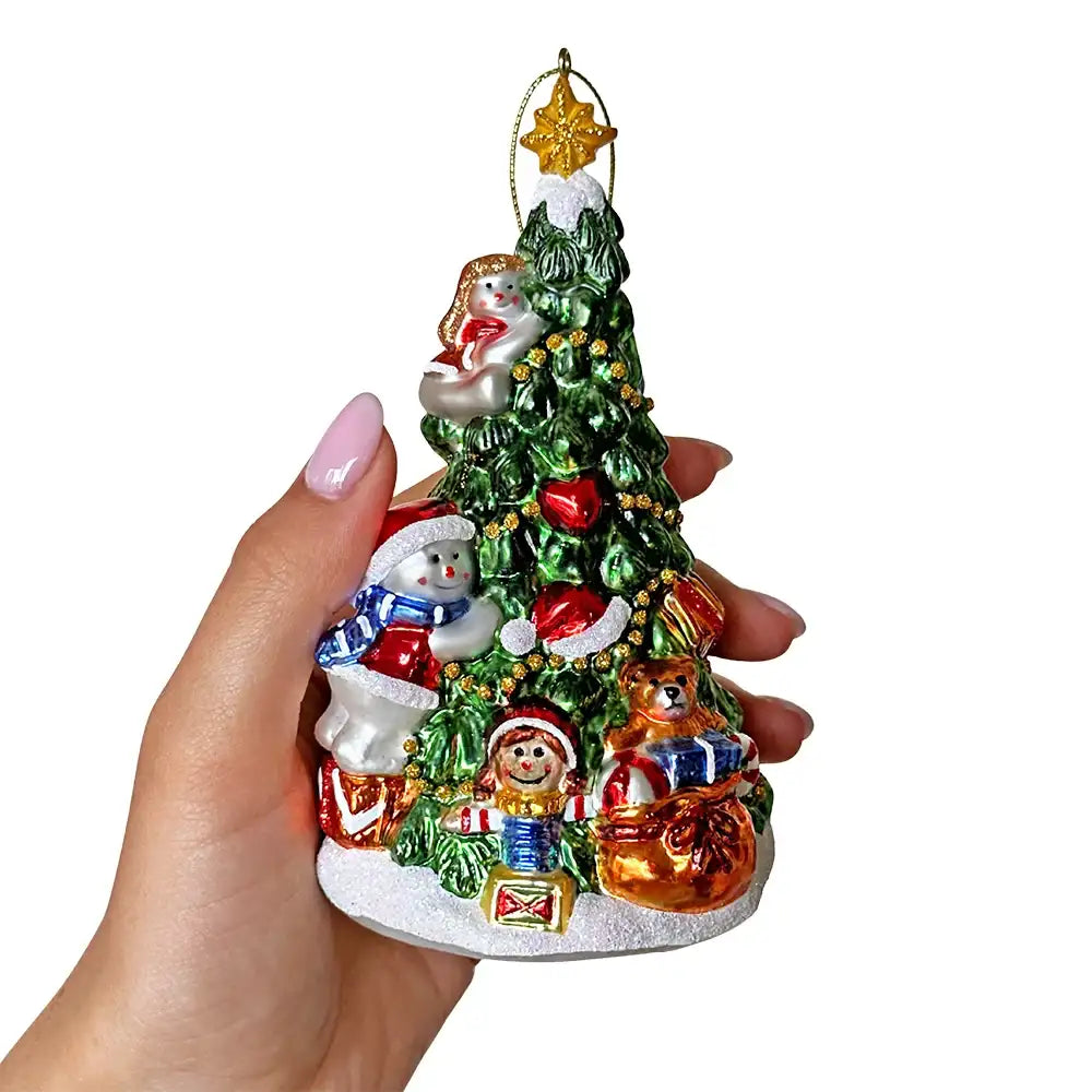 Festive Snowman and Christmas Tree Glass Ornament