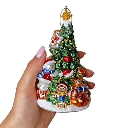 Festive Snowman and Christmas Tree Glass Ornament