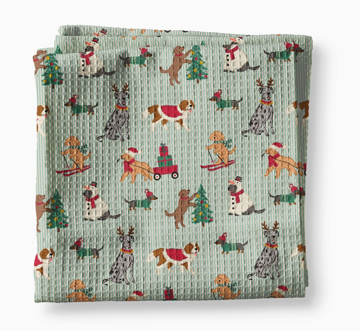 Festive Christmas dog waffle weave kitchen towel with illustrated dogs decorating trees, skiing, pulling presents and wearing holiday outfits on a blue striped background.