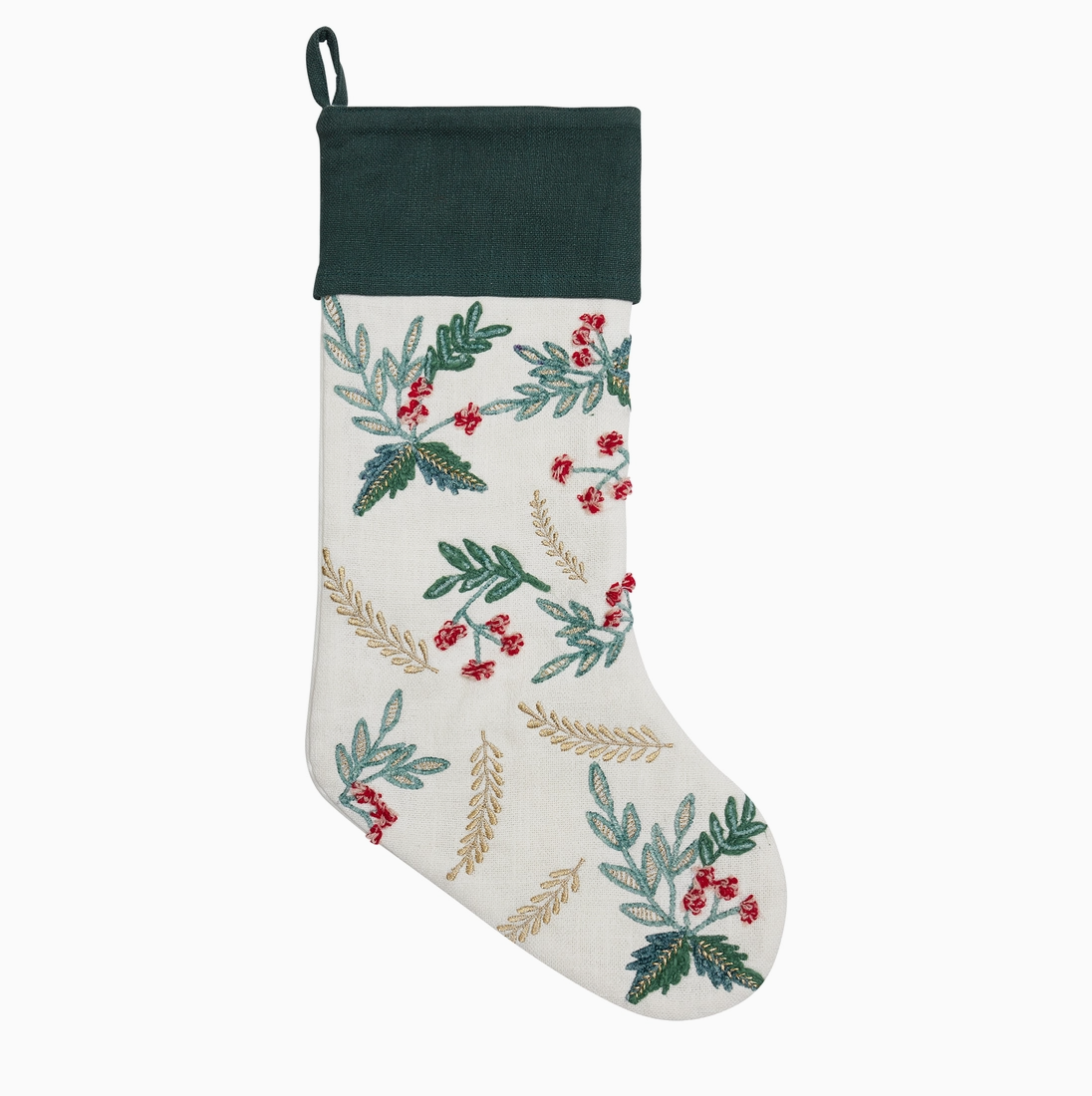 Festive greenery embroidered Christmas stocking with ivory body and dark green cuff