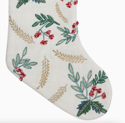 Green leaves red berries and gold embroidered details on Christmas stocking