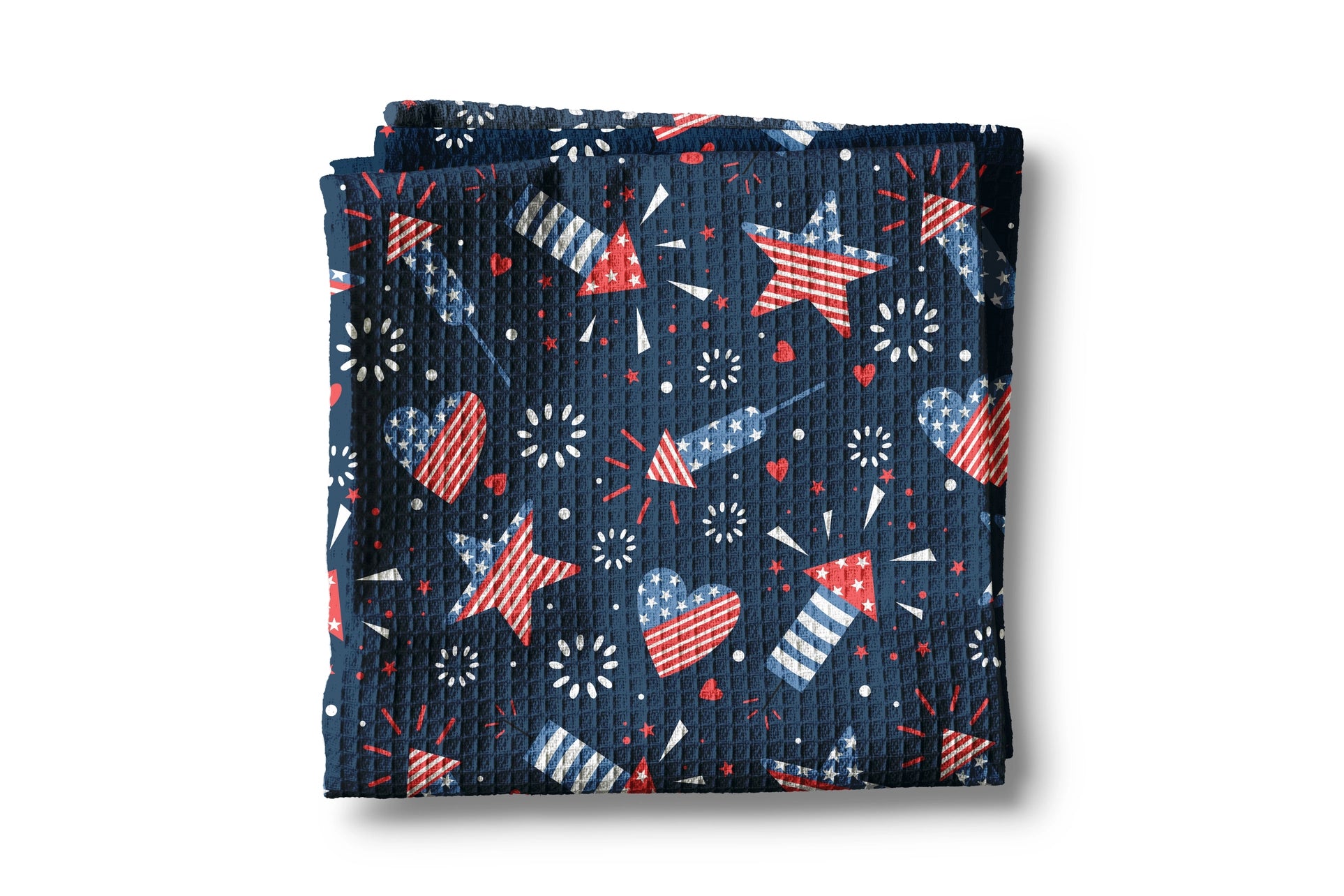 Folded fabric with red, white, and blue pattern on a white background