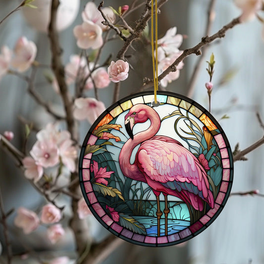 Stained glass-style pink flamingo ornament hanging on a branch with flowers.